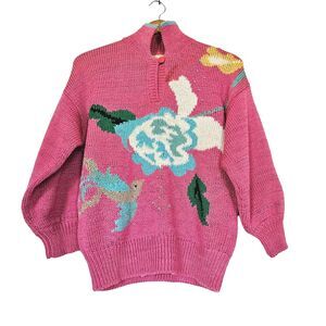 Vtg Marcia For Enfin Floral Hummingbird Sweater Women M Pink Wearable Art Gma